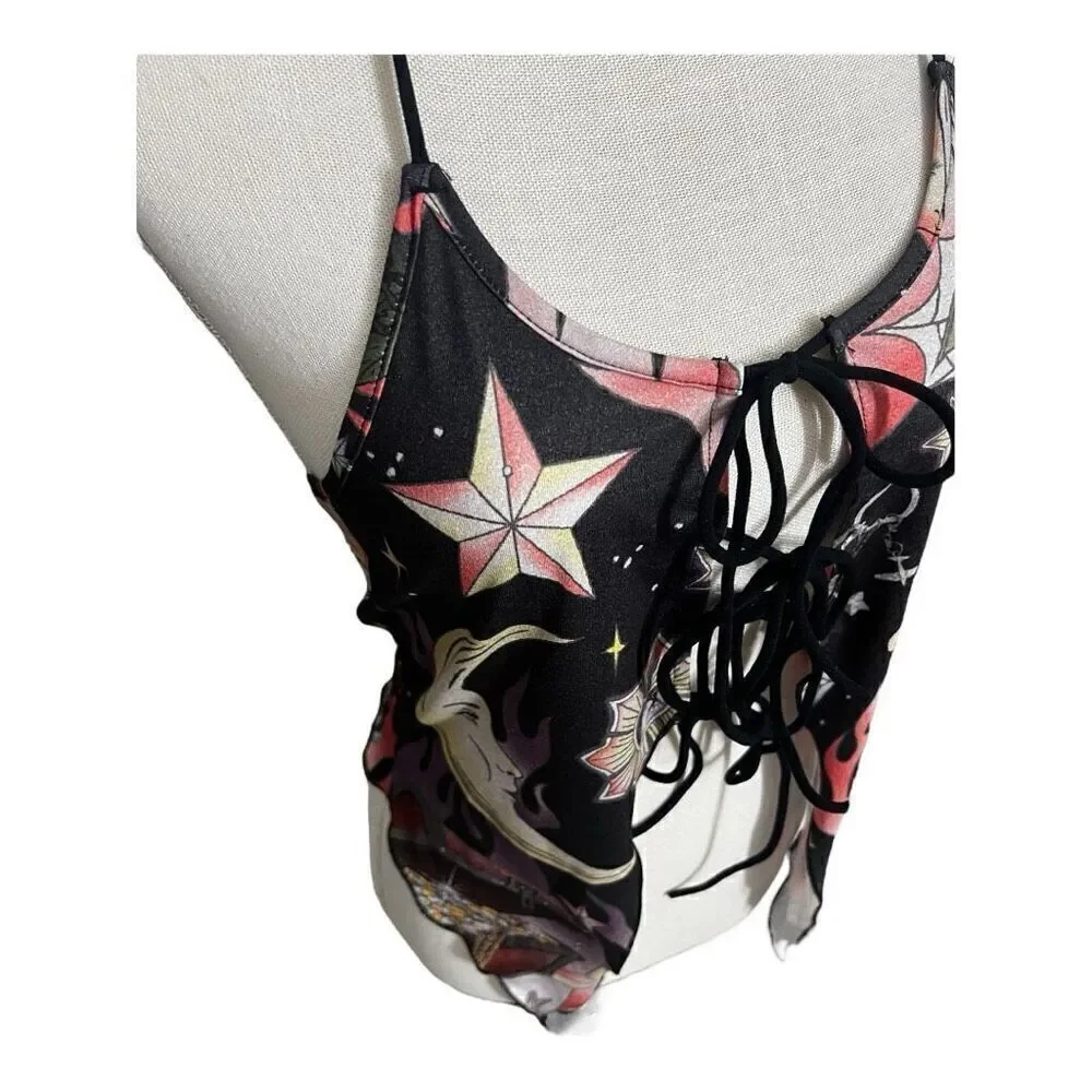 Romwe Black Multicolor Moon Floral Print Halter Top Size L Lace Up Open Back - Picture 9 of 10